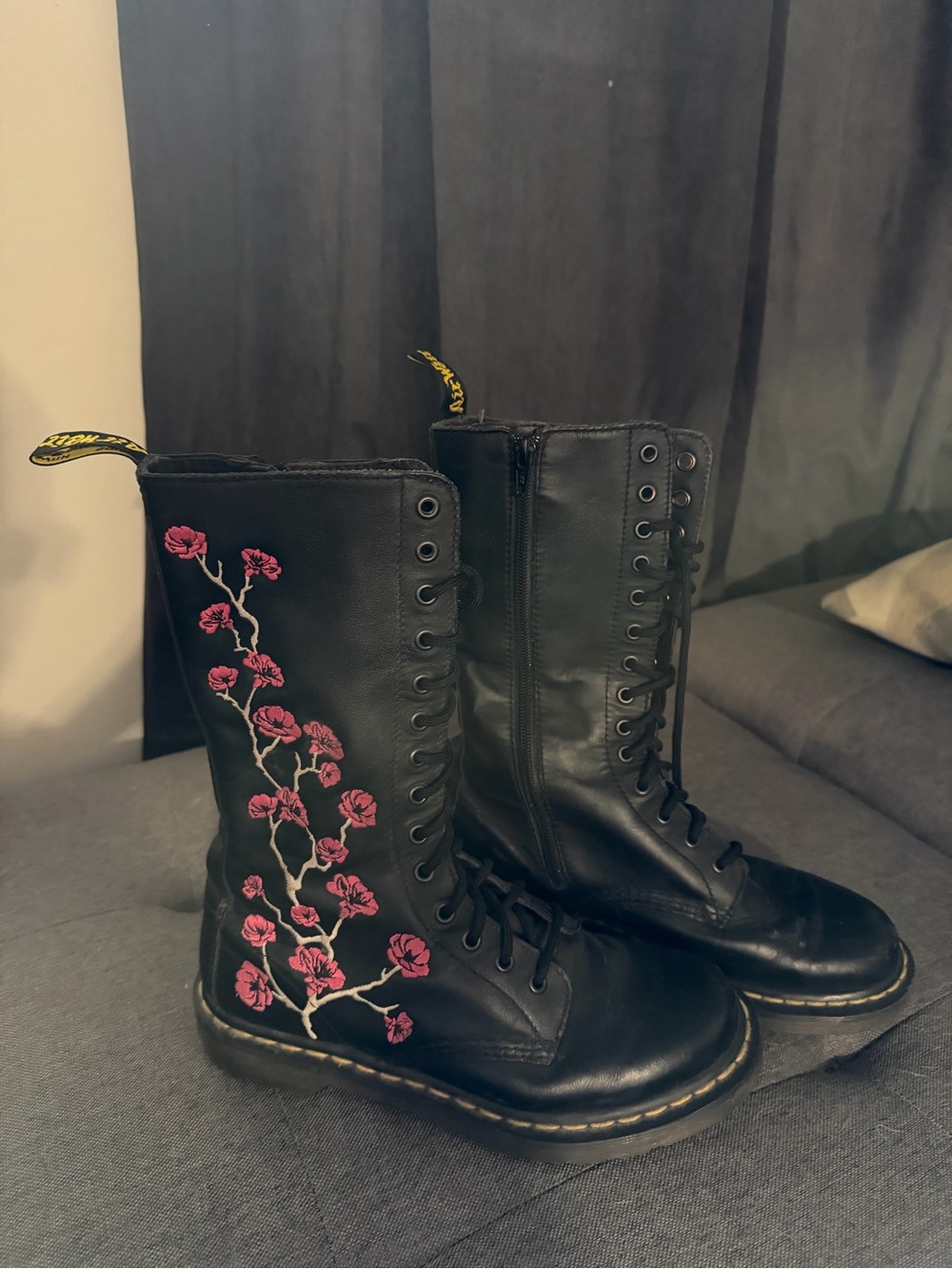 Dr. Martens Black Lace-Up Leather Boots with Pink Floral Embroidery